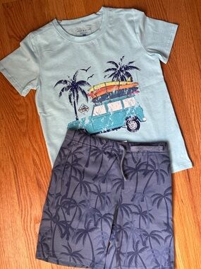 Andy & Evan Light Blue Surf Van Tee with Gray Palm Print Shorts